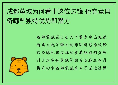 成都蓉城为何看中这位边锋 他究竟具备哪些独特优势和潜力